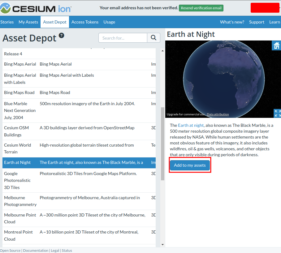 Adding an existing dataset to your Cesium ion assets