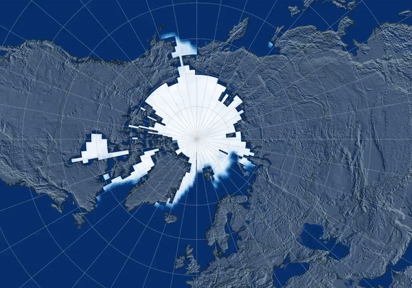 The North Pole ice coverage from ECMWF data (2009-2010) visualised in QGIS as a mesh layer in QGIS