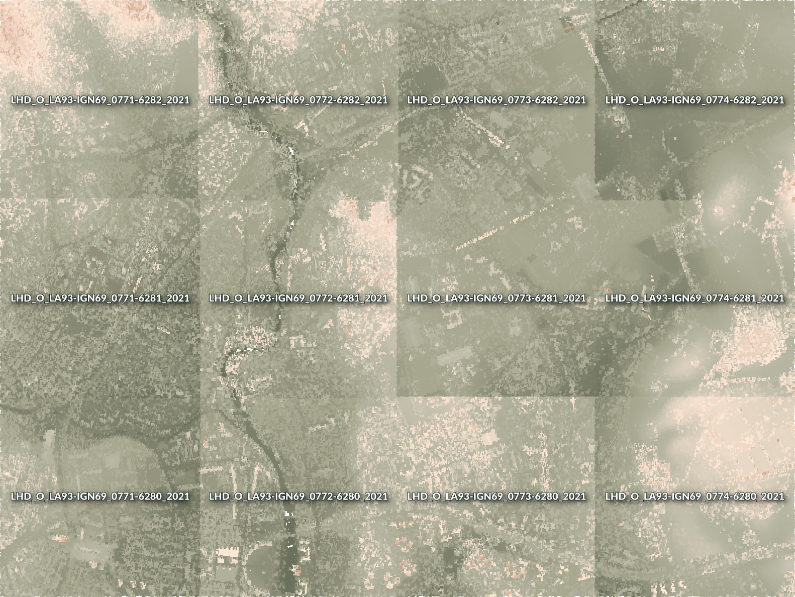 An example of individual point cloud tiles loaded in QGIS, each styled differently